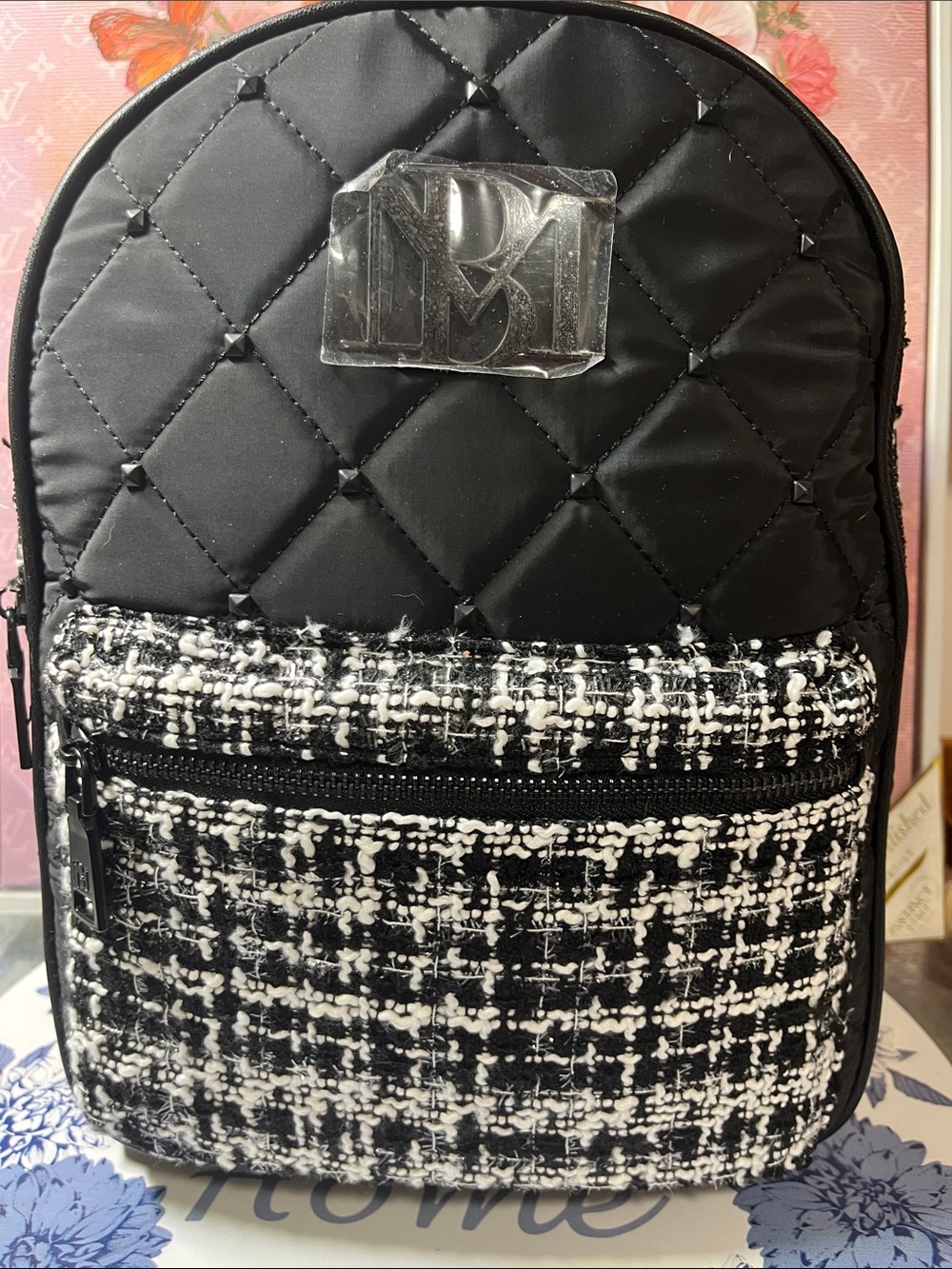 Badgley Mischka Black Quilted & Tweed Women’s Backpack 12”x 10”x 4”
